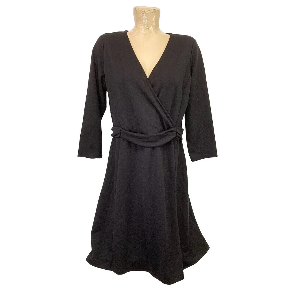 Lands’ End Black Dress L Large 14 16 44" 3/4 Long Sleeve A Line V Neck